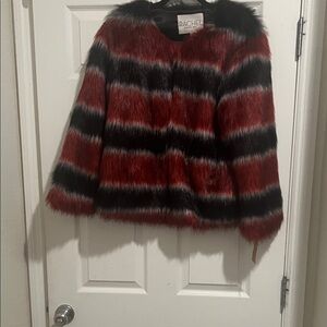 Rachel Faux Fur Jacket with Wine Red and Black Stripes